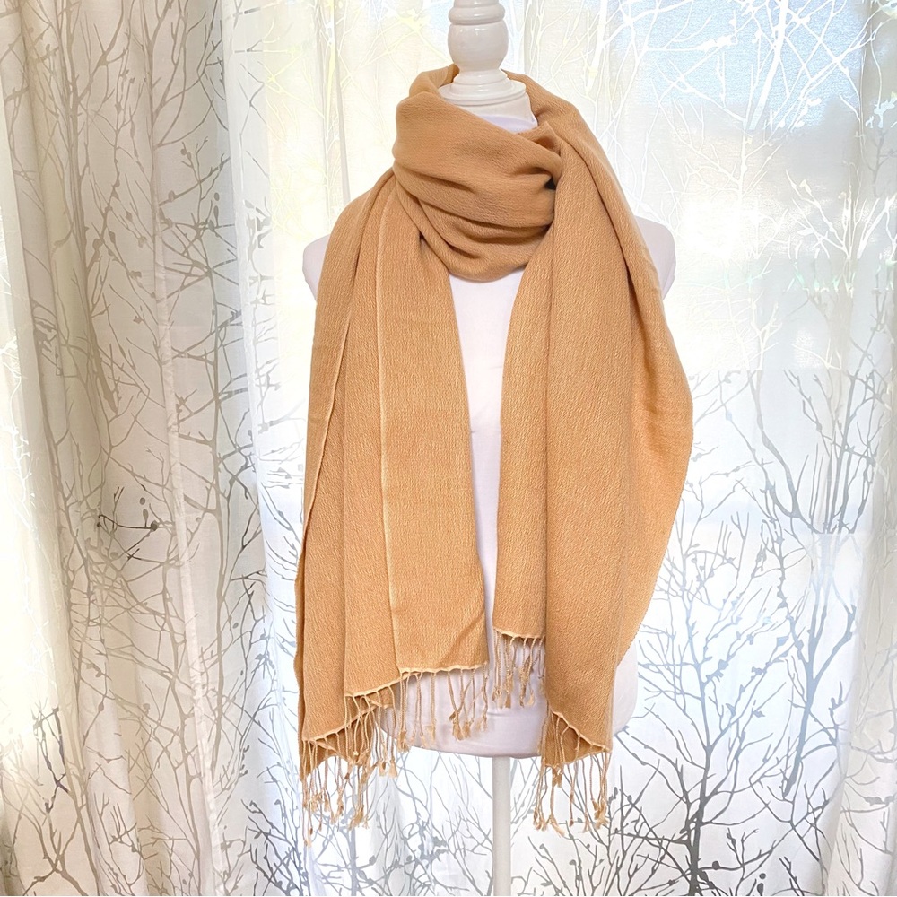 Peach Couture tan brown nude cashmere fringe pashmina long scarf